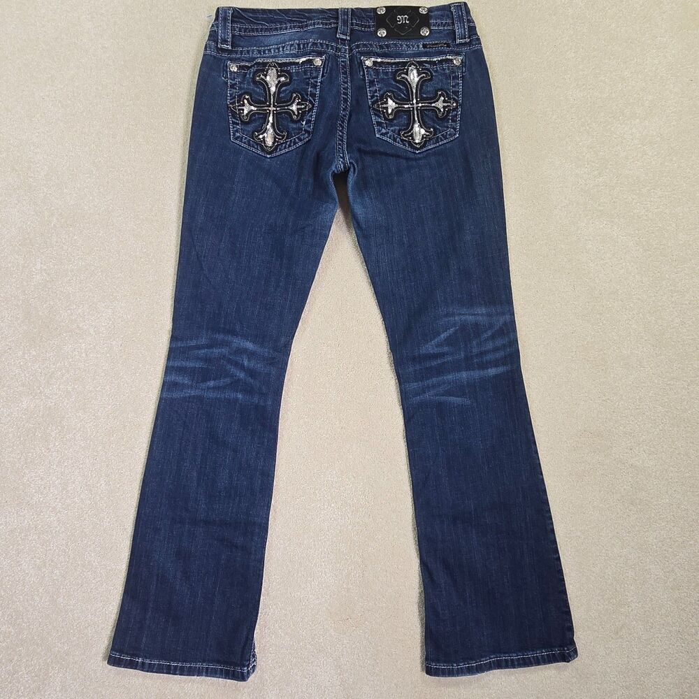 Miss Me Mid Rise Boot Cut Jeans Sz 27 Cross Embellished Bling Sequin Rhinestone